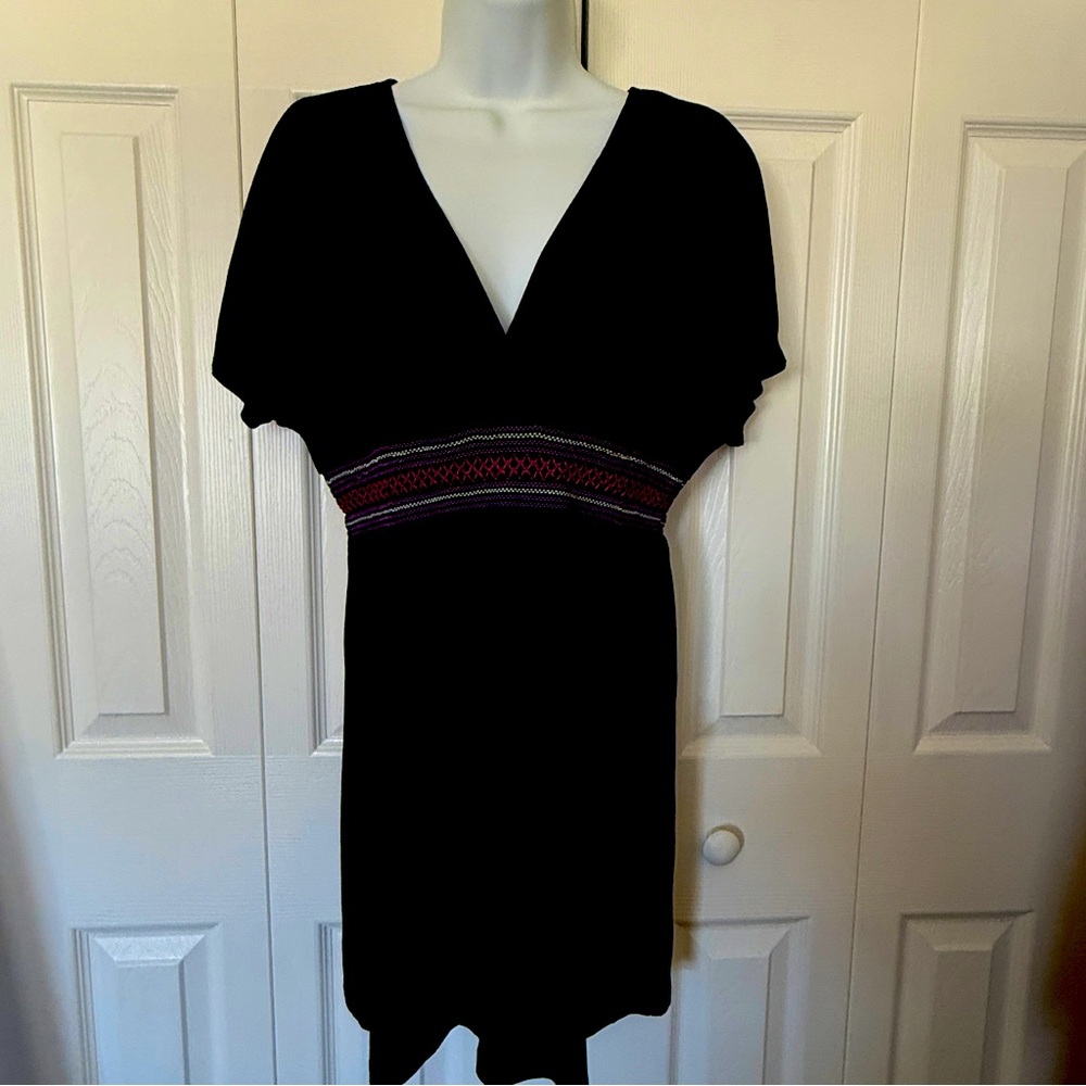 BLACK MINI DRESS Cherie Embroidered Empire Waist Boho Casual